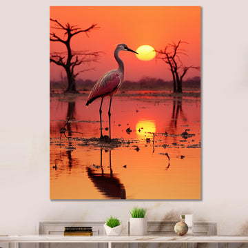 White Stork Pink Sunset Nature Photography - Yellow Bird Wall Art